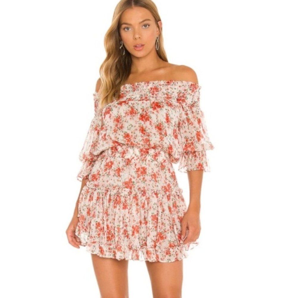 MISA Darla Poppy Print Off Shoulder Mini Dress, Size M
